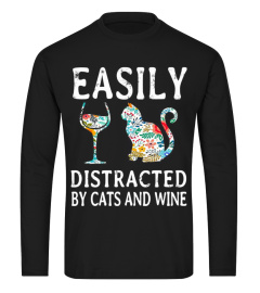 Easily distracted by cats and wine shirt