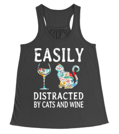 Easily distracted by cats and wine shirt