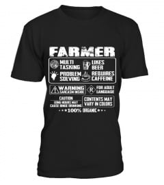 farmer multi tasking likes beer problem solving requires caffeine waring sarcasm inside for adult language caution long hours may cause binge drinking contents may vary in colors 100% organic