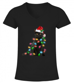 Black Cat Christmas Light Tshirt Funny C