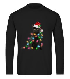 Black Cat Christmas Light Tshirt Funny C