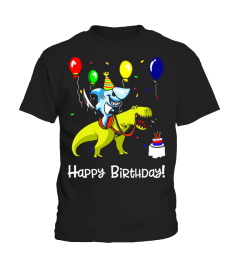 Kids Happy Birthday Shark Riding T-Rex Dinosaur Boy T-Shirt