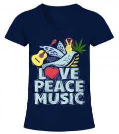 Womens Peace Love Music Shirt Hippie Hipster Festival Heart Guitar V-Neck T-Shirt