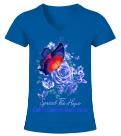 Colon Cancer Awareness Blue Flower Butterfly T-Shirt