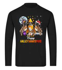 Womens Boxer Dog Happy Hallothanksmas Halloween Thanksgiving Xmas V-Neck T-Shirt