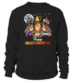 Womens Boxer Dog Happy Hallothanksmas Halloween Thanksgiving Xmas V-Neck T-Shirt