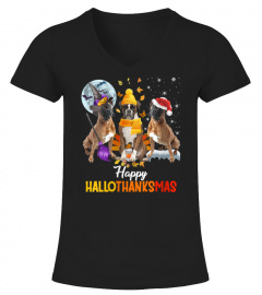 Womens Boxer Dog Happy Hallothanksmas Halloween Thanksgiving Xmas V-Neck T-Shirt