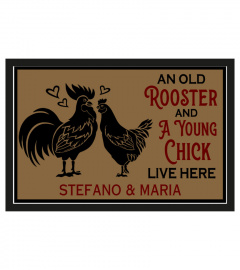 An old rooster and young chick live here doormat