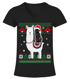 Black Cat Riding Llama Christmas light and Santa hat T-Shirt