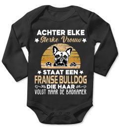 AchterElke Sterke Vrouw Staat Een Franse Bulldog