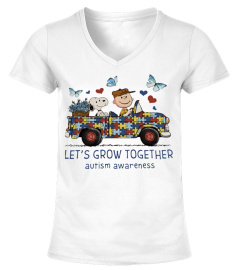 Charlie Brown and Snoopy driving autism truck let’s grow together shirts