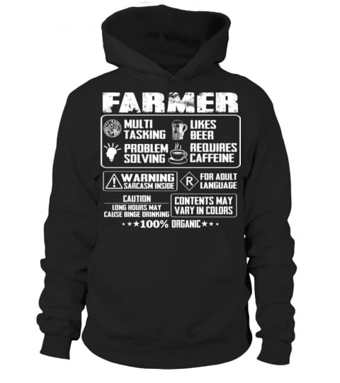 farmer multi tasking likes beer problem solving requires caffeine waring sarcasm inside for adult language caution long hours may cause binge drinking contents may vary in colors 100% organic