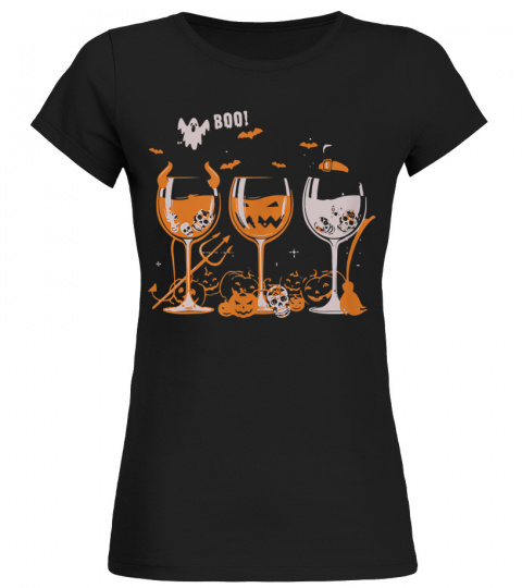 Boo Wine Glass Pumpkin Skull Witch Demon Halloween Party T-Shirt