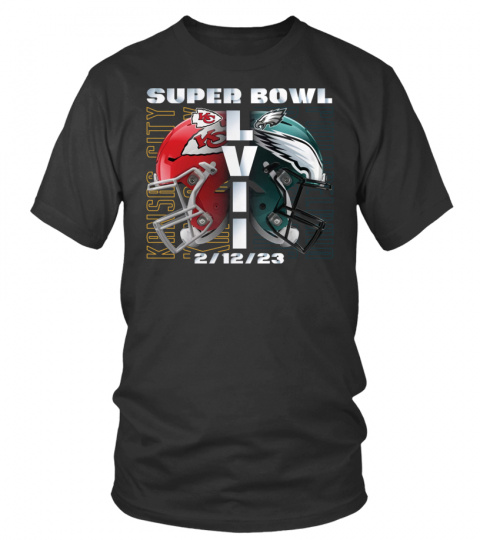 Men's Black Kansas City Chiefs vs. Philadelphia Eagles Super Bowl LVII Matchup Helmet Decals T-Shirt